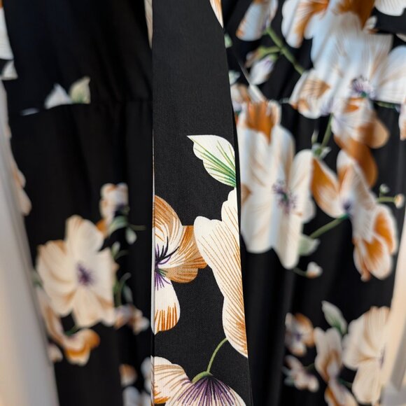 Shein Black Floral Wrap Maxi Dress — Flutter Sleeves, Deep V-Neck, Size 2XL - Picture 10 of 11